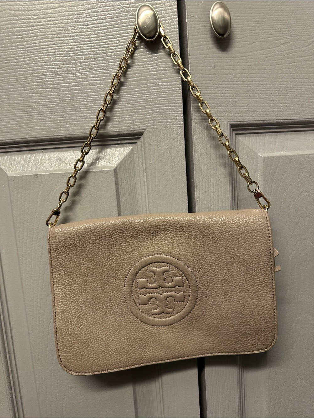 Tory Burch Taupe Pebbled Convertible Clutch Shoulder Bag
